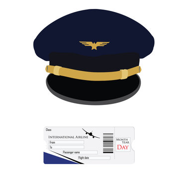 Pilot cap and airplane ticket