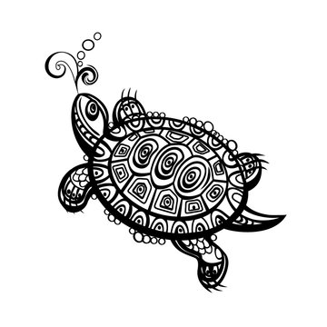 Hand drawn vector monochrome doodle turtle decorated with oriental ornament.