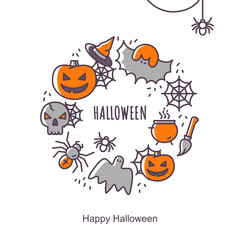 Halloween greeting card with outline icons. Vector Illustration. Colorful icons round shape composition on white Backdrop. Halloween Concept.