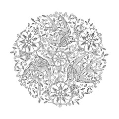 Mandala with three ornate beautiful flying birds and floral background.
