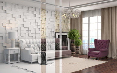 Plakat interior with sofa. 3d illustration