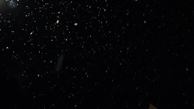 many snow flakes falling from sky on a black background
