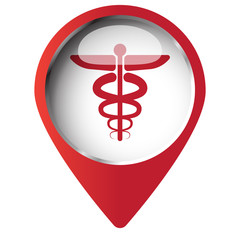 Map pin symbol with Medical Symbol icon. Red symbol on white bac