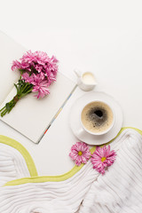 Cup of black coffee, Bouquet of flowers and Empty paper sheet
