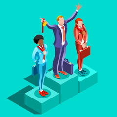 Business concept infographic vector design. Businessperson 3D character flat ambitious man. Job ambition changing role winning Startup group training goal setting and team management illustration