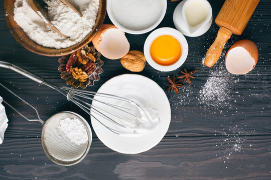 Baking ingredients for homemade pastry, top view