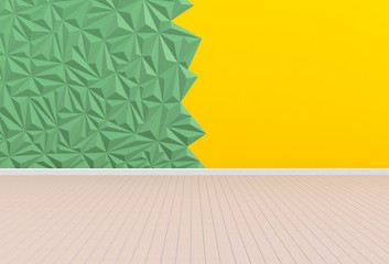 Empty room with yellow and green wall and wooden floor, 3D rendering