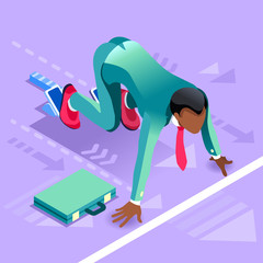 Business concept infographic vector design. Businessperson 3D character flat ambitious black skin man. Job ambition changing role winning Startup group training goal setting and team management