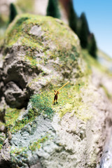 Miniature people: young man playing long trumpet in the mountains. Adventure, travel, tourism, hike and eco nature concept.