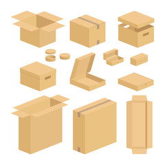 Carton box pack set. Closed and opened brown carton packing boxes vector flat items on white