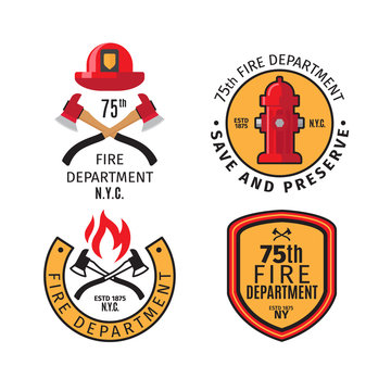Firefighter emblems and fire department badges with vector cross fire axes and fireman helmet
