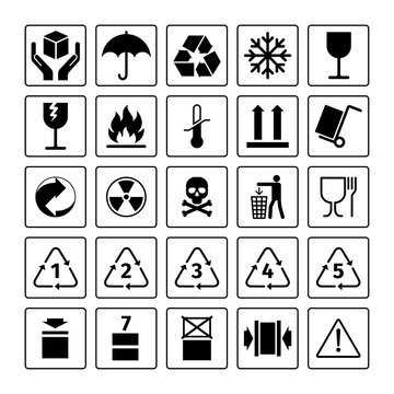 Packaging symbols. Vector package icons with waste recycling and fragile, flammable and this side up symbols