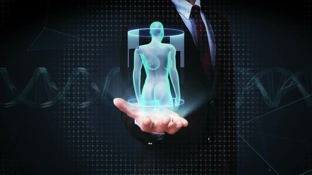 Businessman open palm, Female Human body scanning lymphatic system. Blue X-ray light.