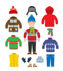 man winter warm clothes set on white background