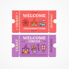 Circus and Amusement Park Tickets Flat Icon Set. Vector