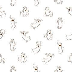 Naklejka na ściany i meble Halloween seamless pattern with cute cartoon ghosts on white background. Vector image. Funny spook. All Saints' Day.