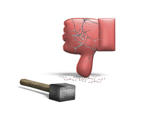 Red thumb down with hammer, 3D rendering