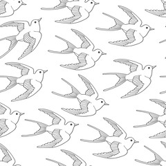 Seamless pattern with swallow bird flying hand drawn