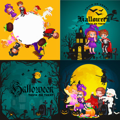 Cute colorful Halloween kids in costume for party set isolated vector illustration