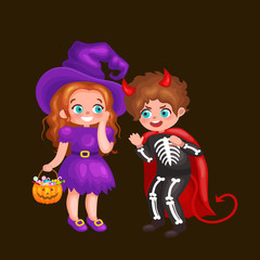 Cute colorful Halloween kids in costume for party set isolated vector illustration