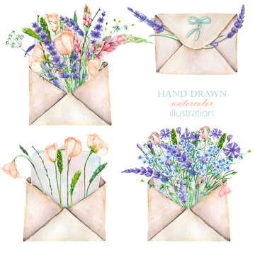 Illustration with watercolor vintage mail envelopes and flowers, hand drawn on a white background