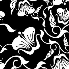 Seamless black and white pattern with abstract flowers