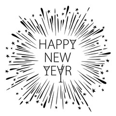 Happy New Year Card with Starburst. snowflake wineglass champagne Vector illustration.