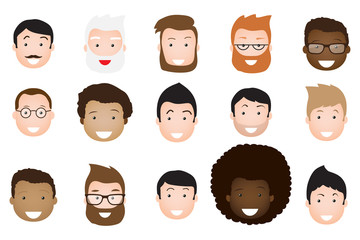Male avatar icons vector set. People characters in flat style. Design elements isolated on white background. Faces with different styles and nationalities.
