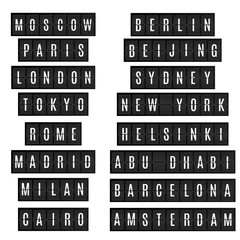 World big cities names in airport time table board style.