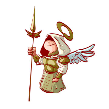 Colorful vector illustration of an archangel with a hood and golden armor and spear.