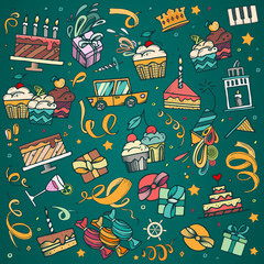 Happy birthday hand drawn vector illustration. Party and celebration design balloon, gifts, fireworks, ribbon, confetti, cake drinks