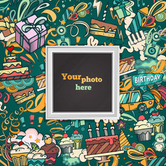 Birthday background. Collage photo frame card. Album template for kid, baby, family or memories. Scrapbook concept, vector illustration.