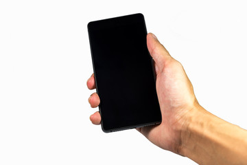Hand holding mobile smart phone with blank screen.