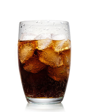 Glass of cola with ice on white background.