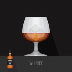 Glass of whiskey on black background. Flat design style, vector