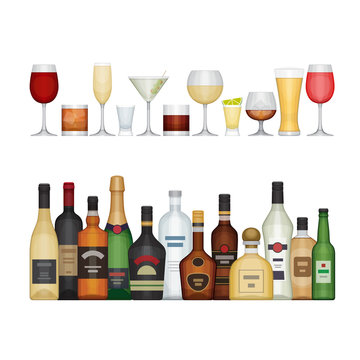 Set of different alcohol bottle and glasses. Alcohol drinks and