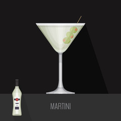 Glass of dry martini with olives on black background. Flat desig