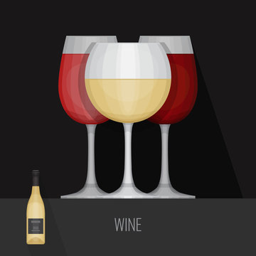 Glass of wine on black background. Flat design style, vector ill