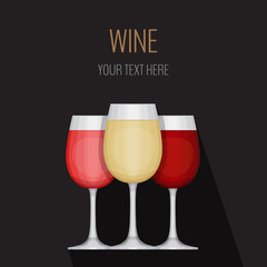 Glass of wine on black background. Bar menu card. Flat design st