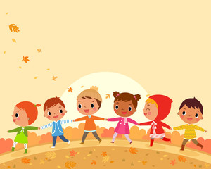 children bunch walking, holding hands on a beautiful autumn day