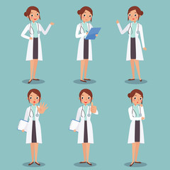set of cute female doctor character design in various expression, presenting, cheerful pointing, thinking, showing stop hand, thump up, curious