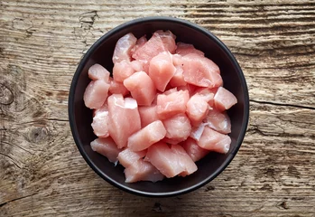 Photo sur Plexiglas Viande Raw cut meat chunks in black bowl, from above