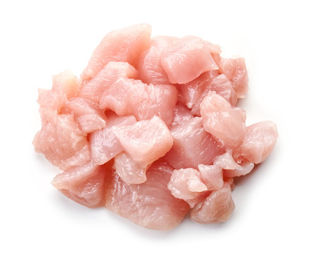 Raw cut chicken fillet isolated on white, from above