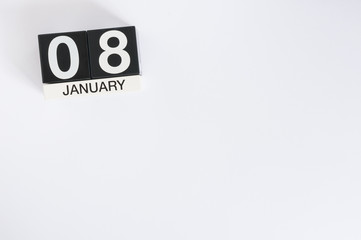 January 8th. Day 8 of month, calendar on white background. Winter time. Empty space for text