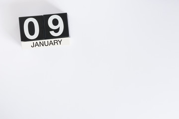 January 9th. Day 9 of month, calendar on white background. Winter concept. Empty space for text