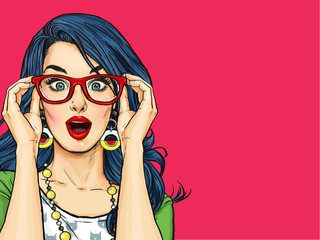 Surprised Pop Art girl  in glasses. Party invitation. Birthday card. Hollywood, Comic woman. Sexy girl. Amazed woman. Sale, wow, cute, lips, hippie, face, wonder, temptation, swag, shock, gossip, look - obrazy, fototapety, plakaty