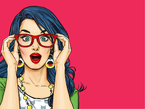 Surprised Pop Art girl  in glasses. Party invitation. Birthday card. Hollywood, Comic woman. Sexy girl. Amazed woman. Sale, wow, cute, lips, hippie, face, wonder, temptation, swag, shock, gossip, look