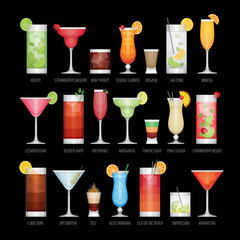 Flat icons set of popular alcohol cocktail on black background.