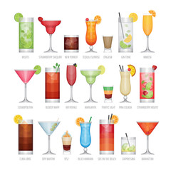 Flat icons set of popular alcohol cocktail. Flat design style, v
