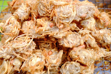Deep fried taro, Food fried vegetarian sold in Chinatown (Yaowarat) with vegetarian festival. Bangkok, Thailand